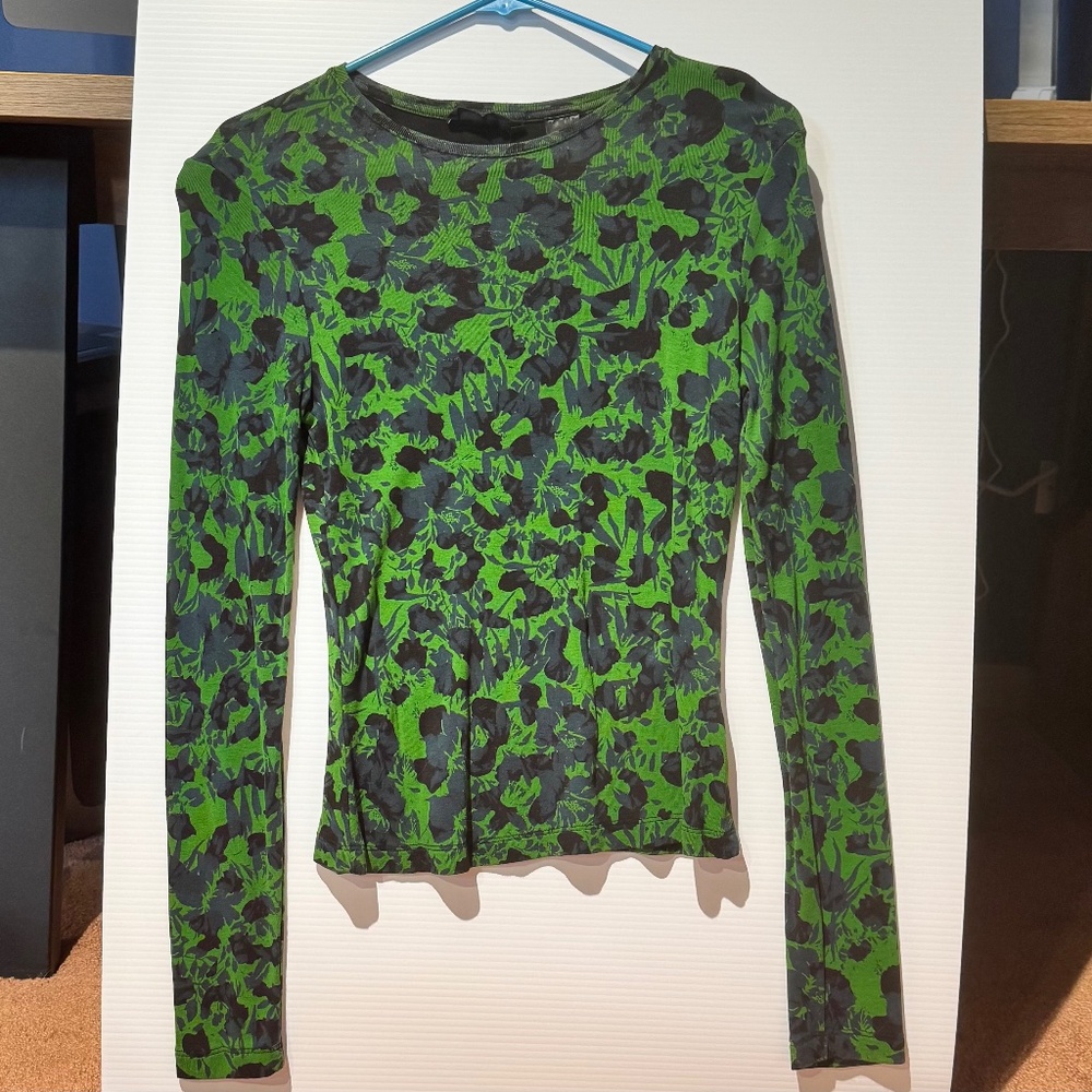 Desigual Kelly Green Long Sleeve Shirt with blue and black pattern Size M